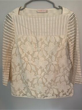 Tory Burch Cream Lace & Stripe Mixed-Media Blouse, size XS